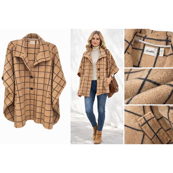 Le Mode Camel Windowpane Grid Poncho Oversized 3-Button Minimal Chic Old Money - Picture 4 of 6